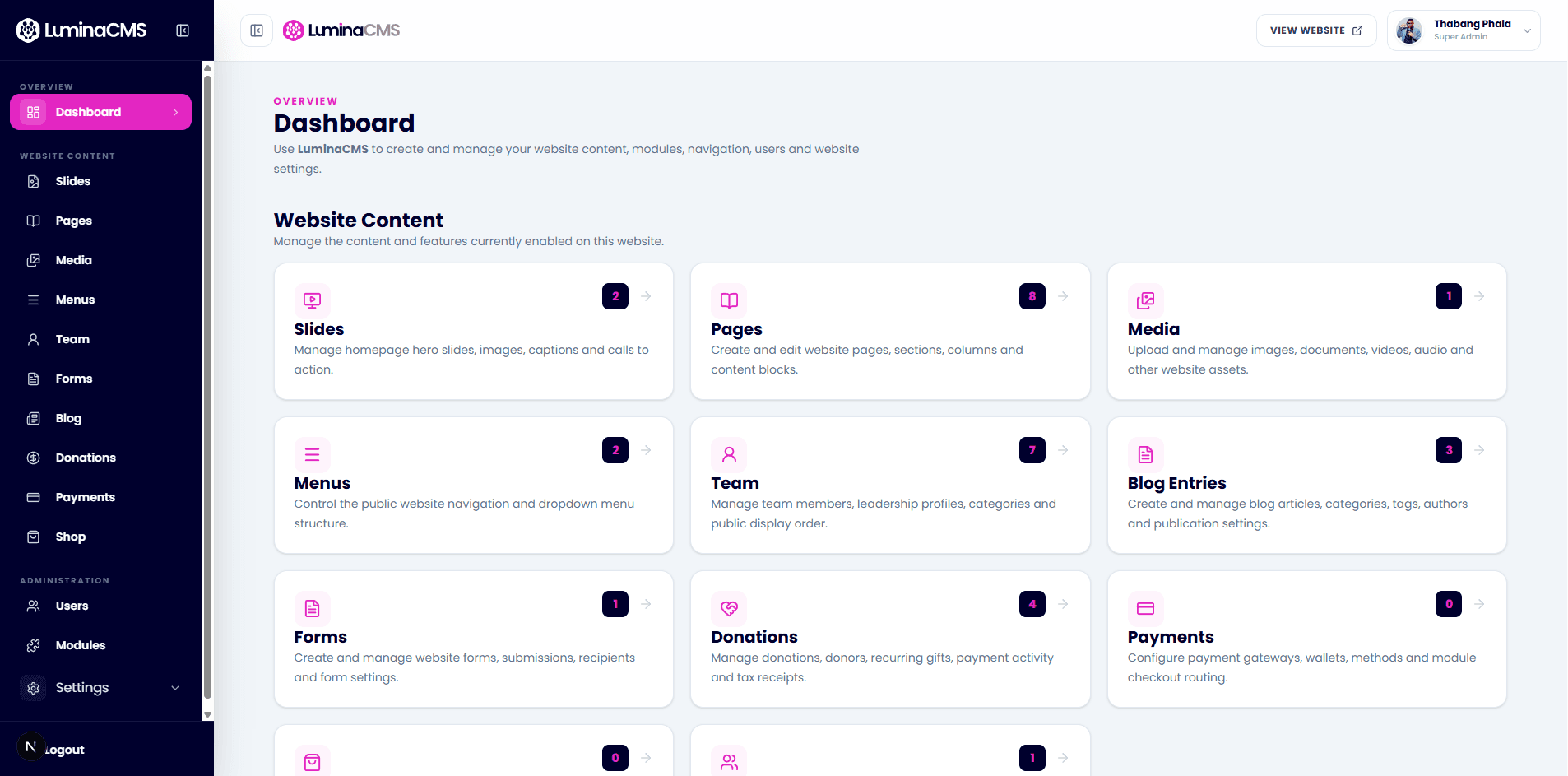 LuminaCMS administration dashboard